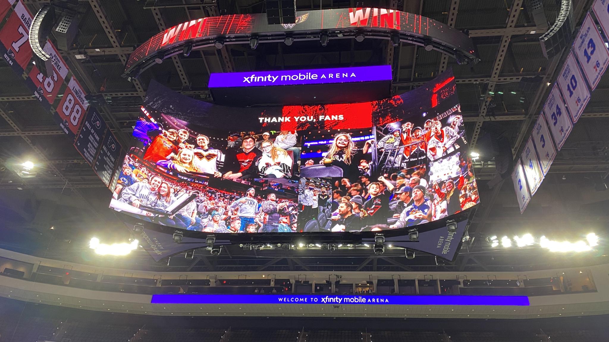 An image of the jumbotron after the final Philadelphia Wings home game, featuring images of fans