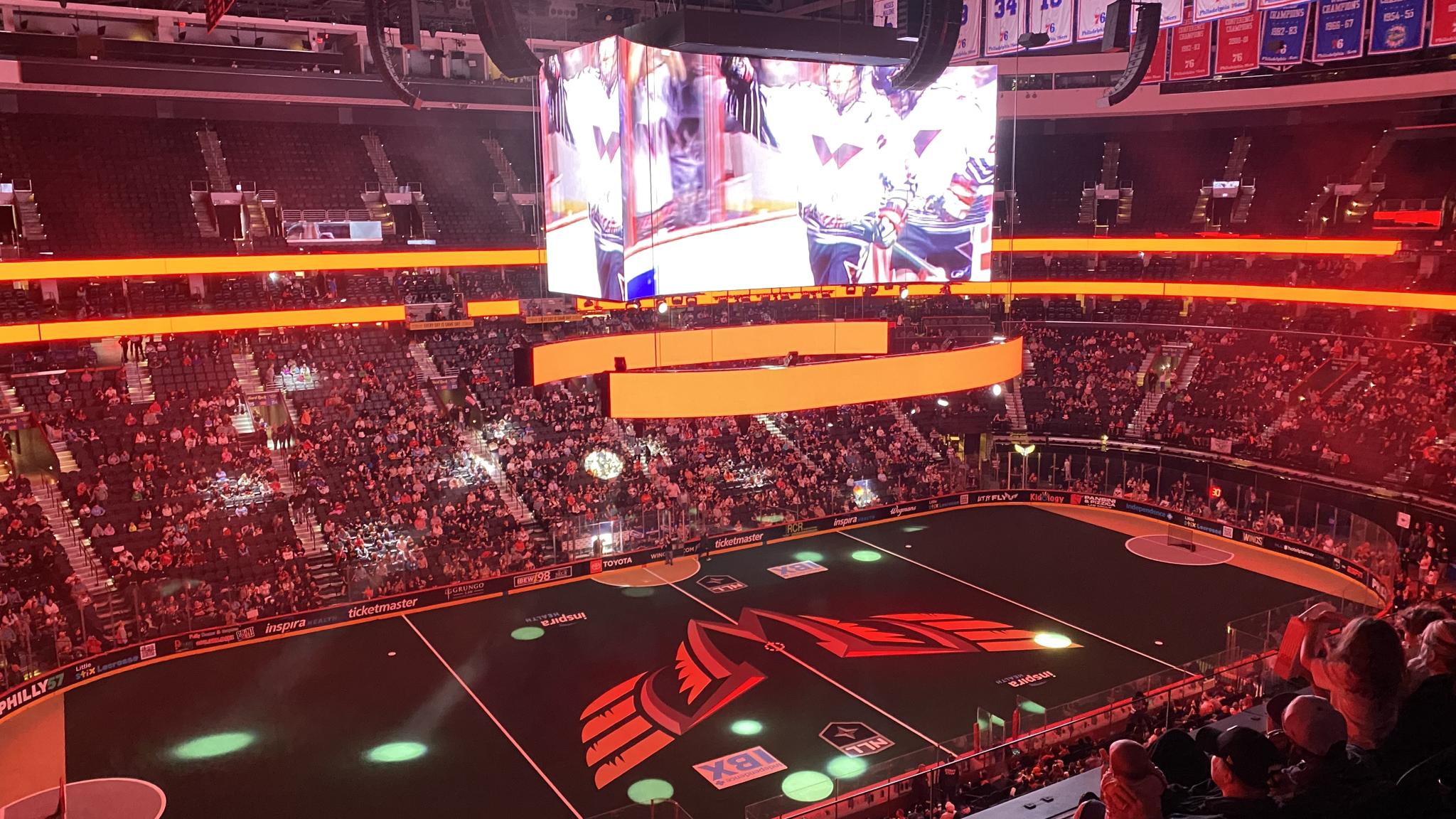 A photo of a box lacrosse game from the upper deck of the arena