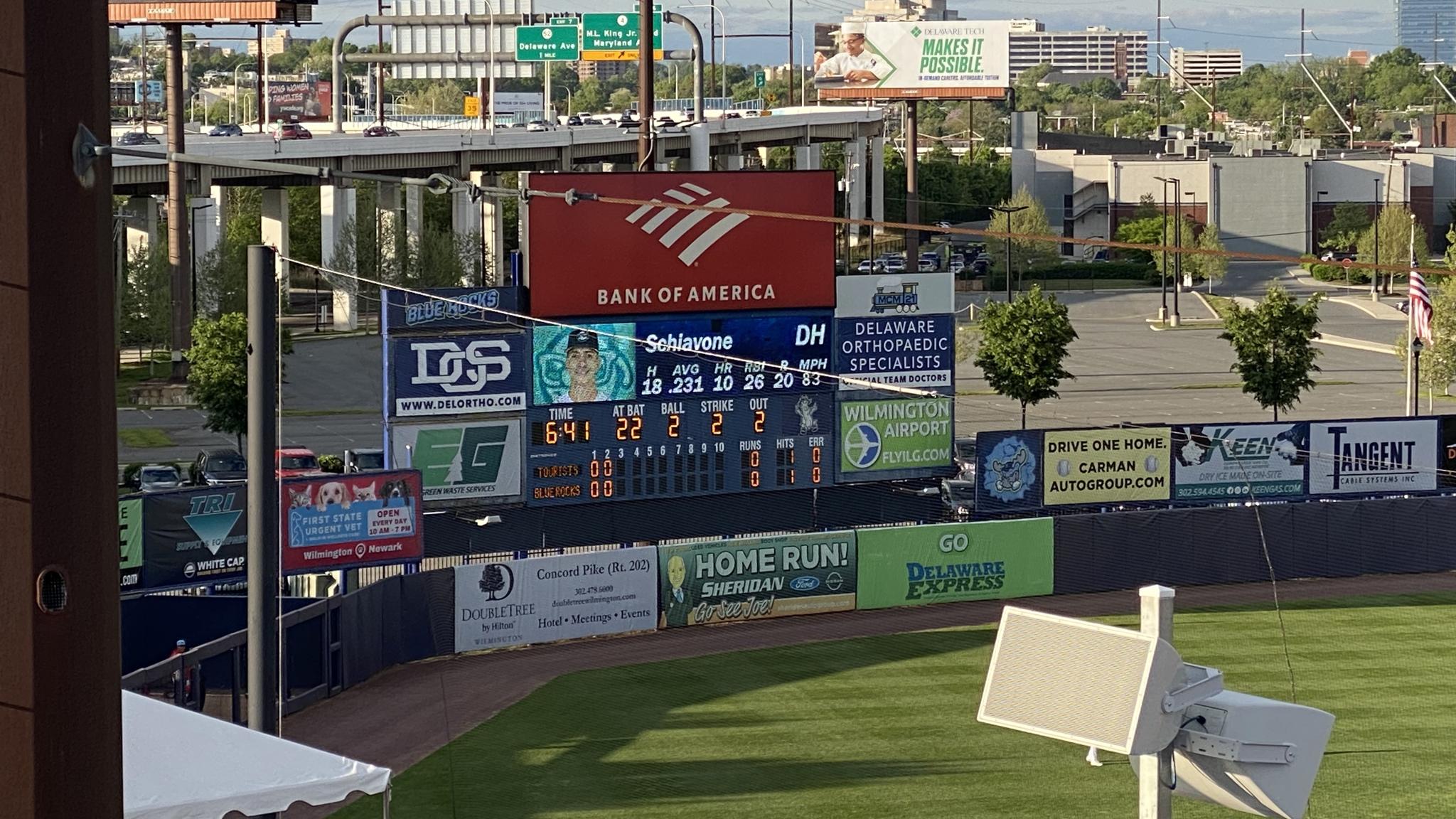An image of the electronic scoreboard at Frawley Stadium