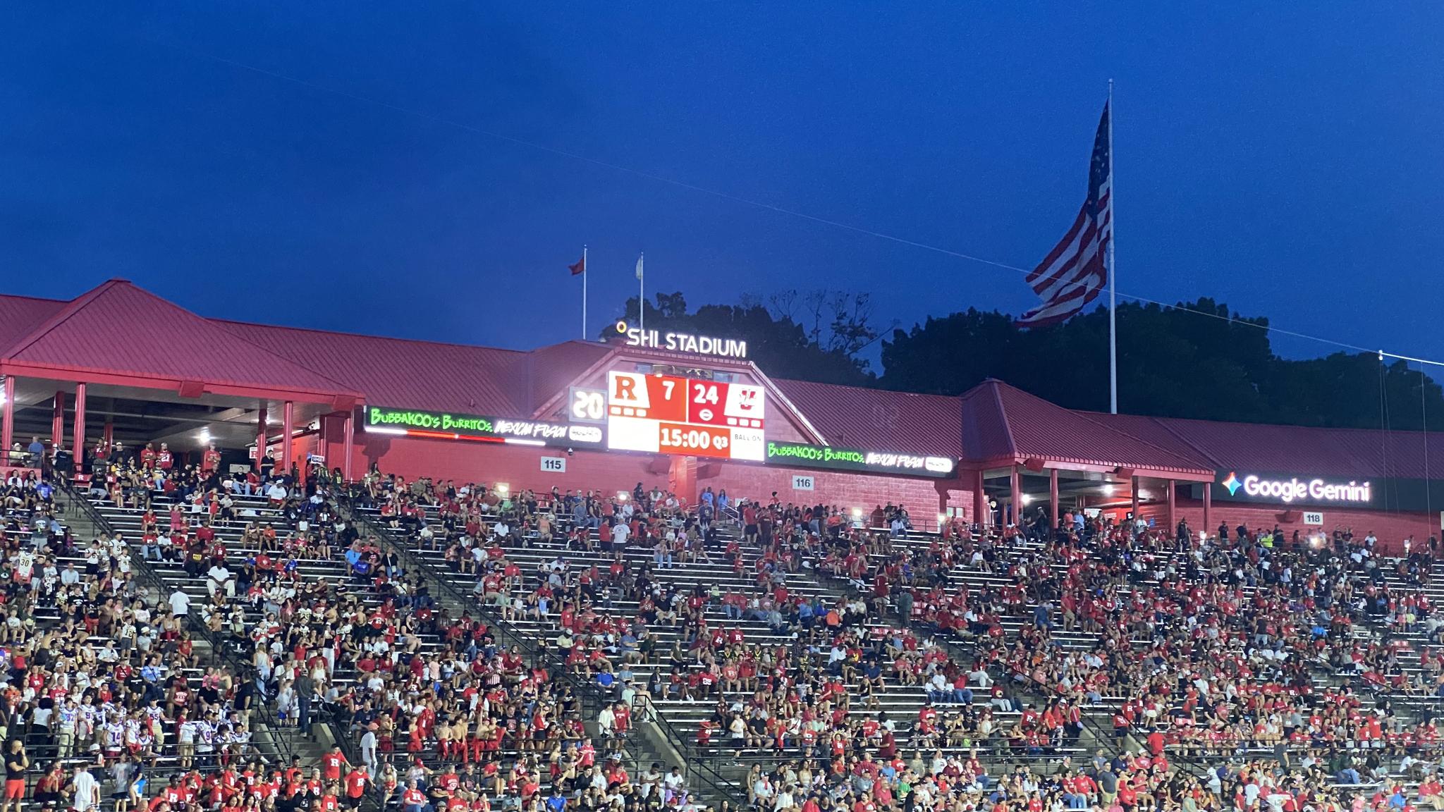 An image of a scoreboard at SHI Stadium showing Rutgers being down 24-7