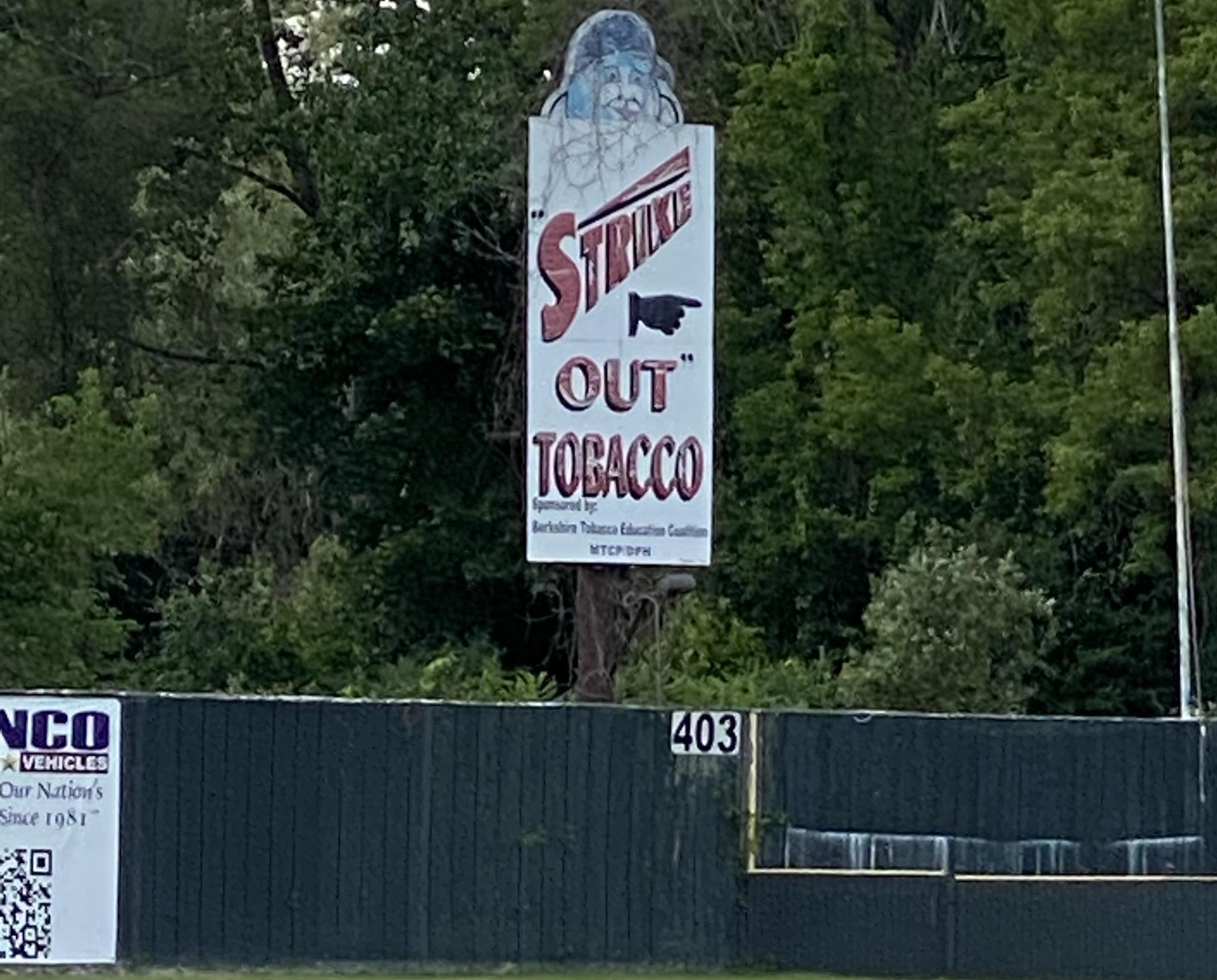 An image of a sign that says "STRIKE OUT TOBACCO"