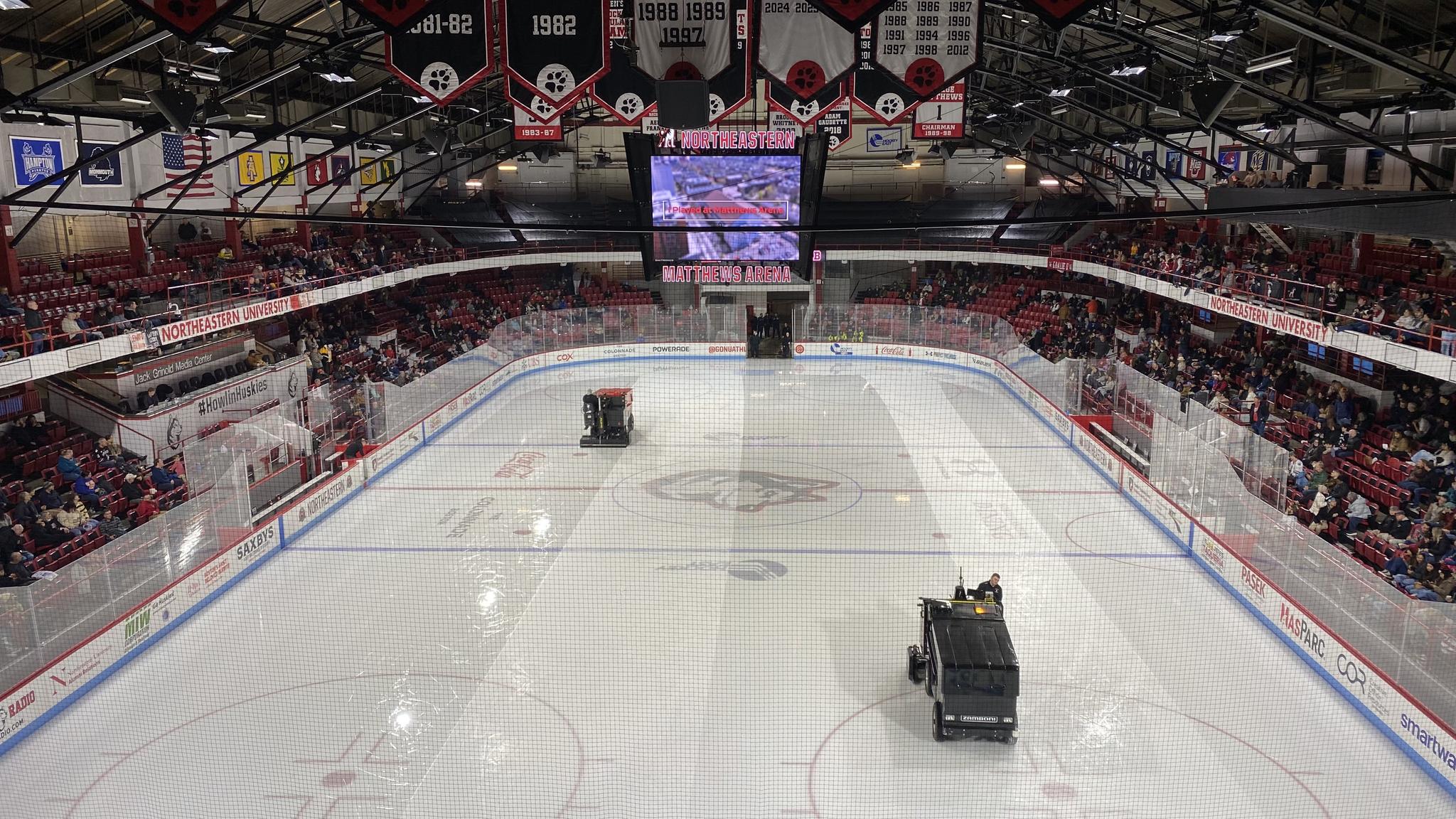 A photo of Matthews Arena from behind one of the goals on the upper level