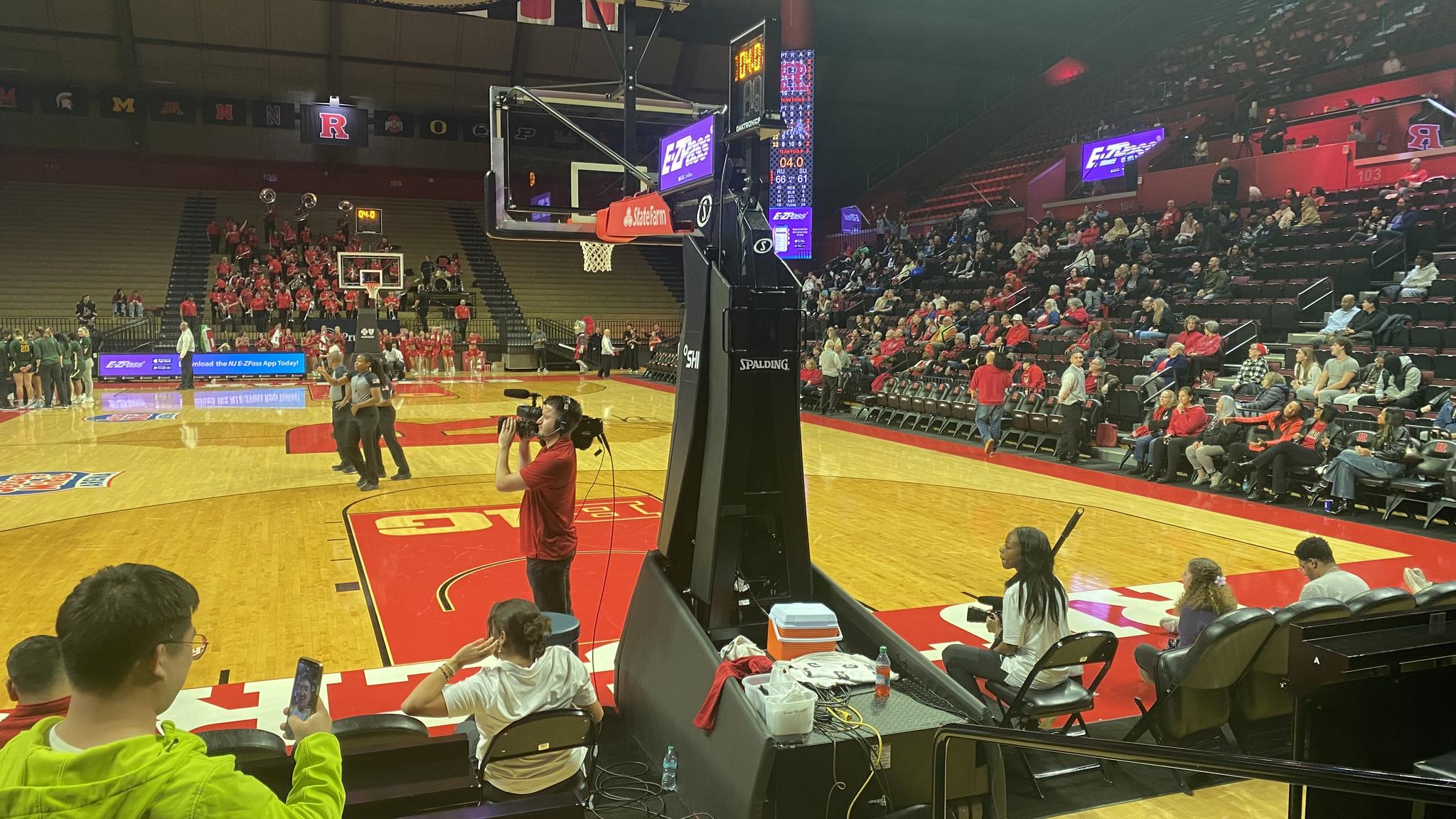 A photo of one of the basket assemblies at Jersey Mike's Arena, meant to show how it obstructed the view of parts of the game
