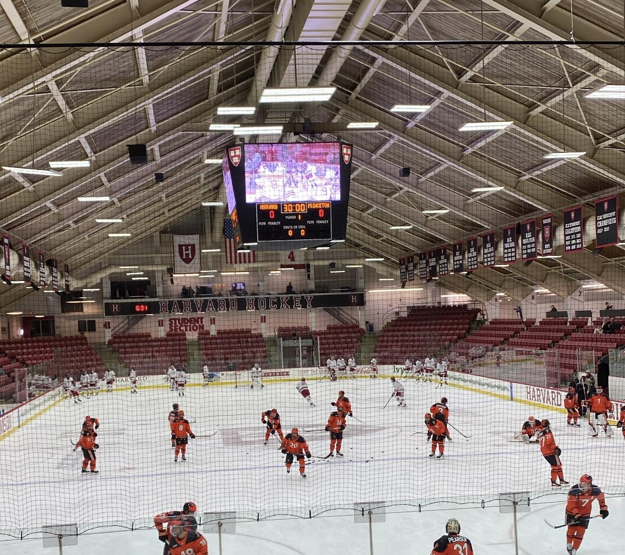 An image of warmups at Bright-Landry Hockey Center