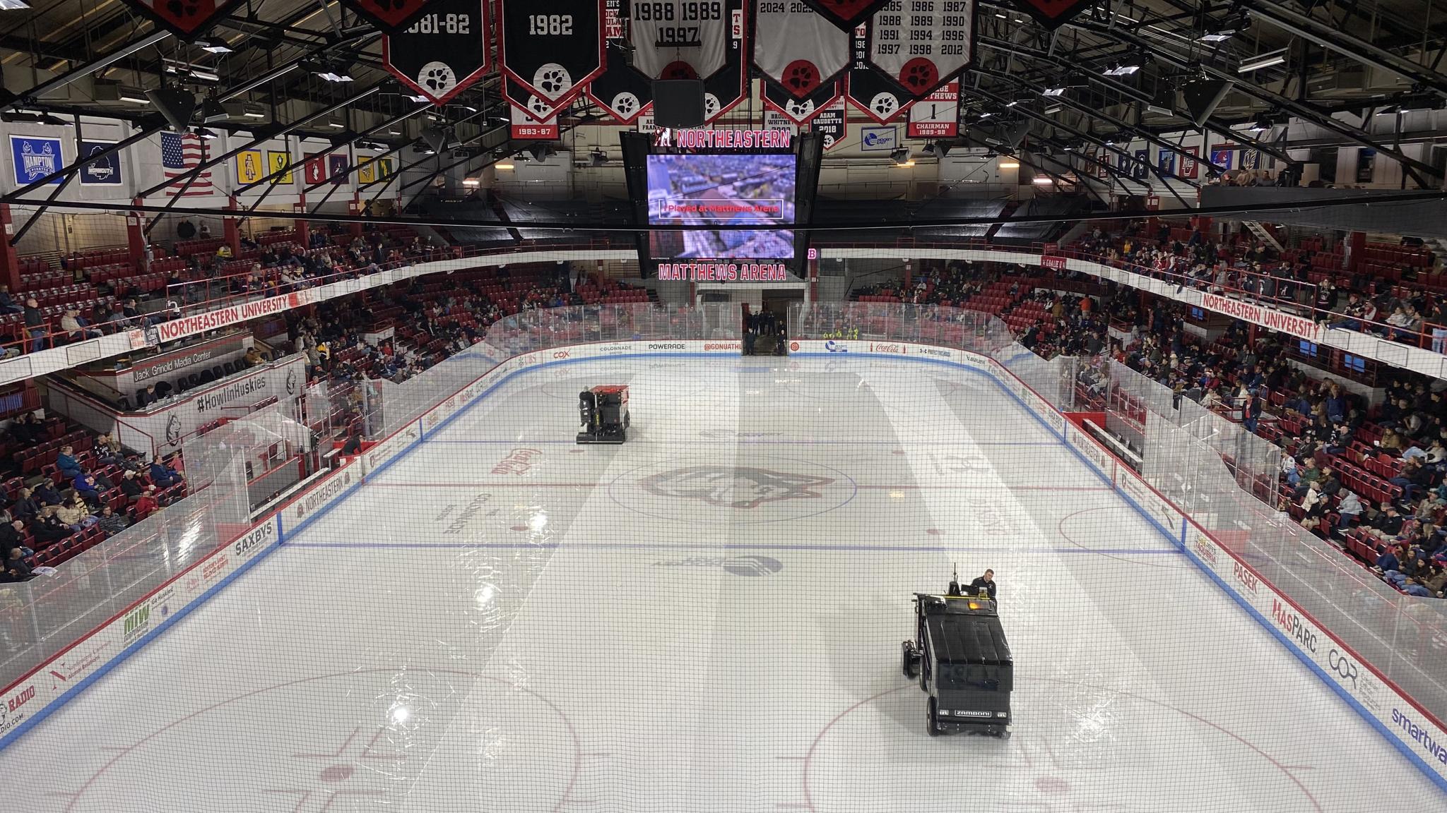 A photo of Matthews Arena from behind one of the goals on the upper level