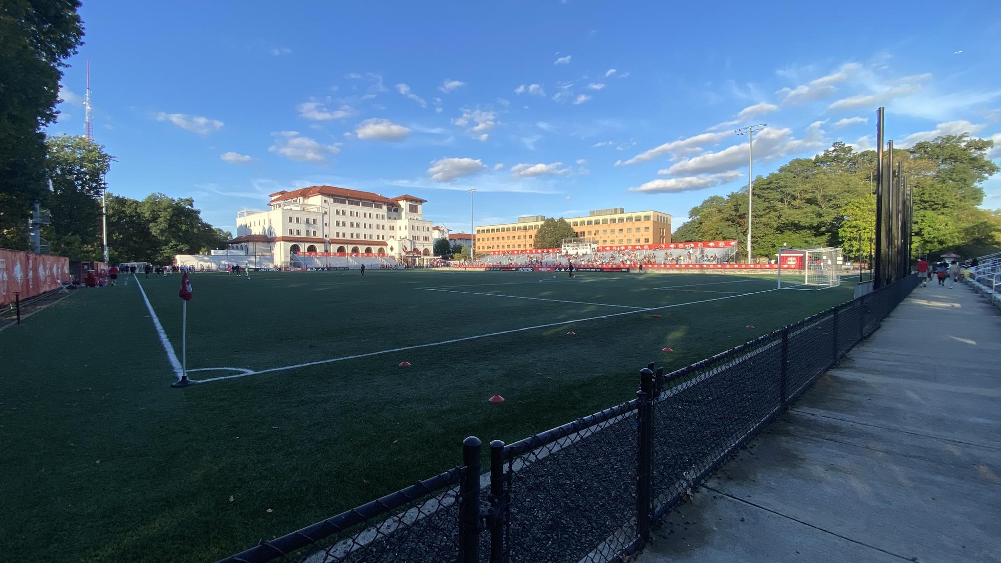 A view of MSU Soccer Park with some university buildings in the background