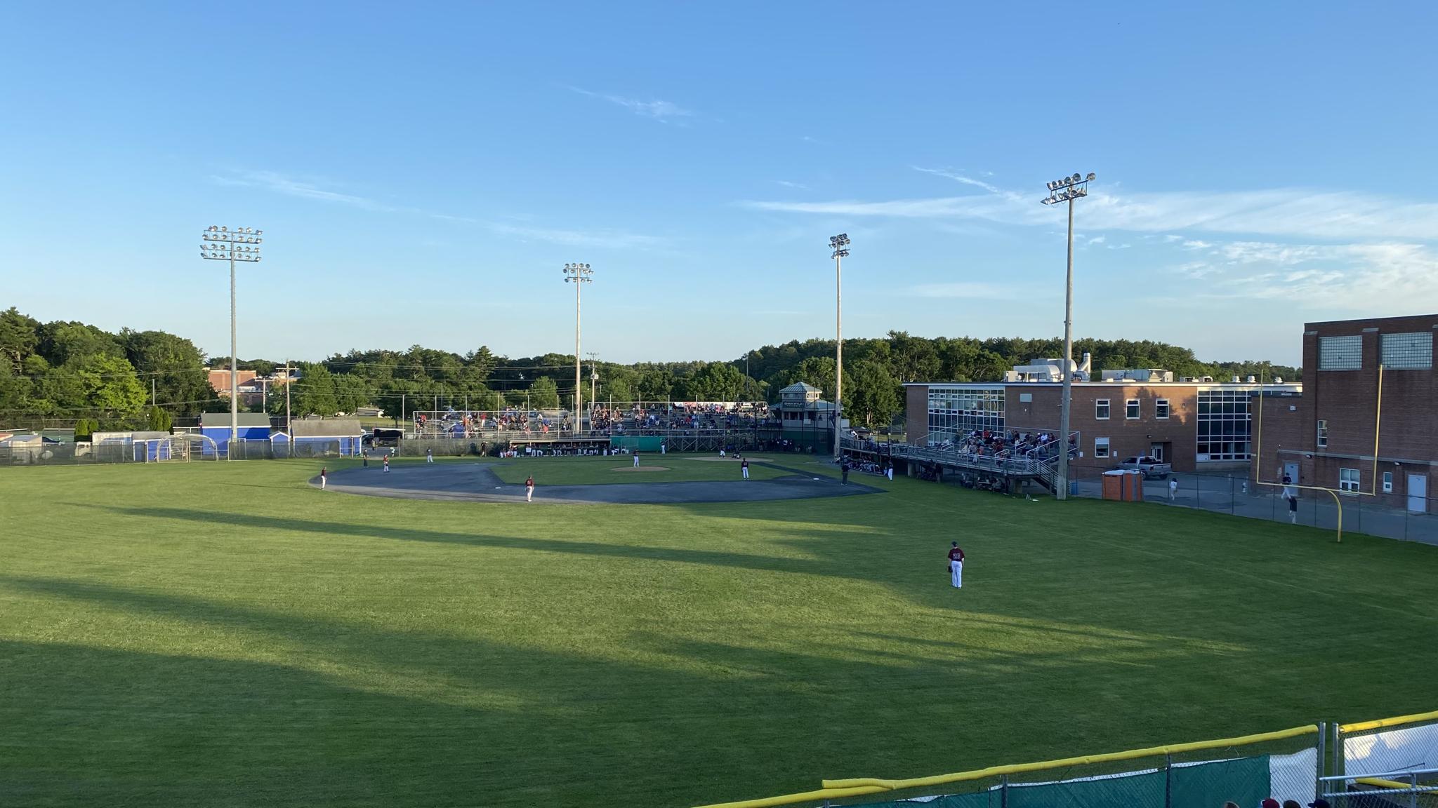 A photo of Clem Spillane Field from 2022. Since then, massive renovations have taken place; notably, the bleachers on the third base (right) side of this photo have been removed.