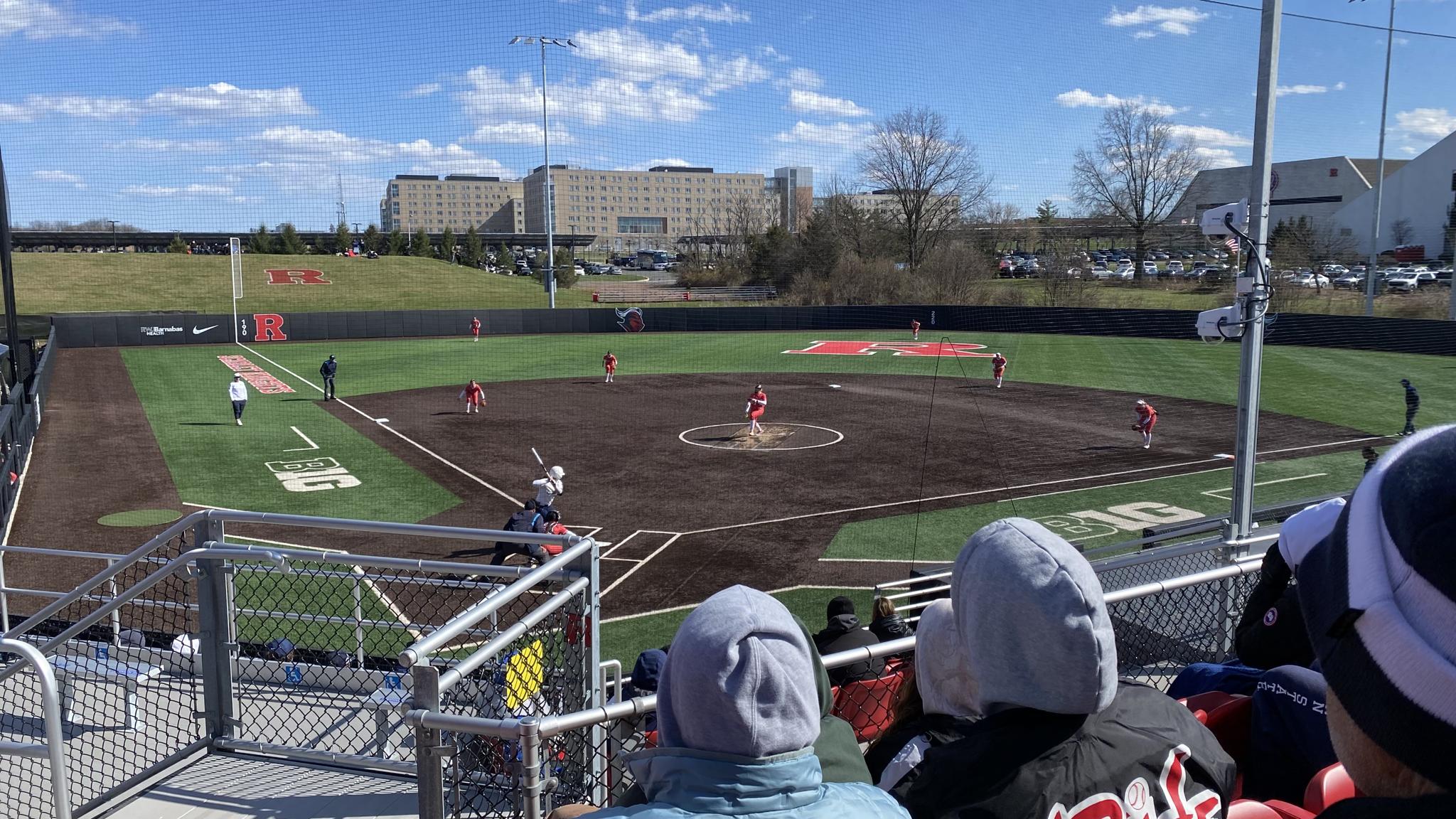 An image of a pitch being thrown at a Rutgers softball game
