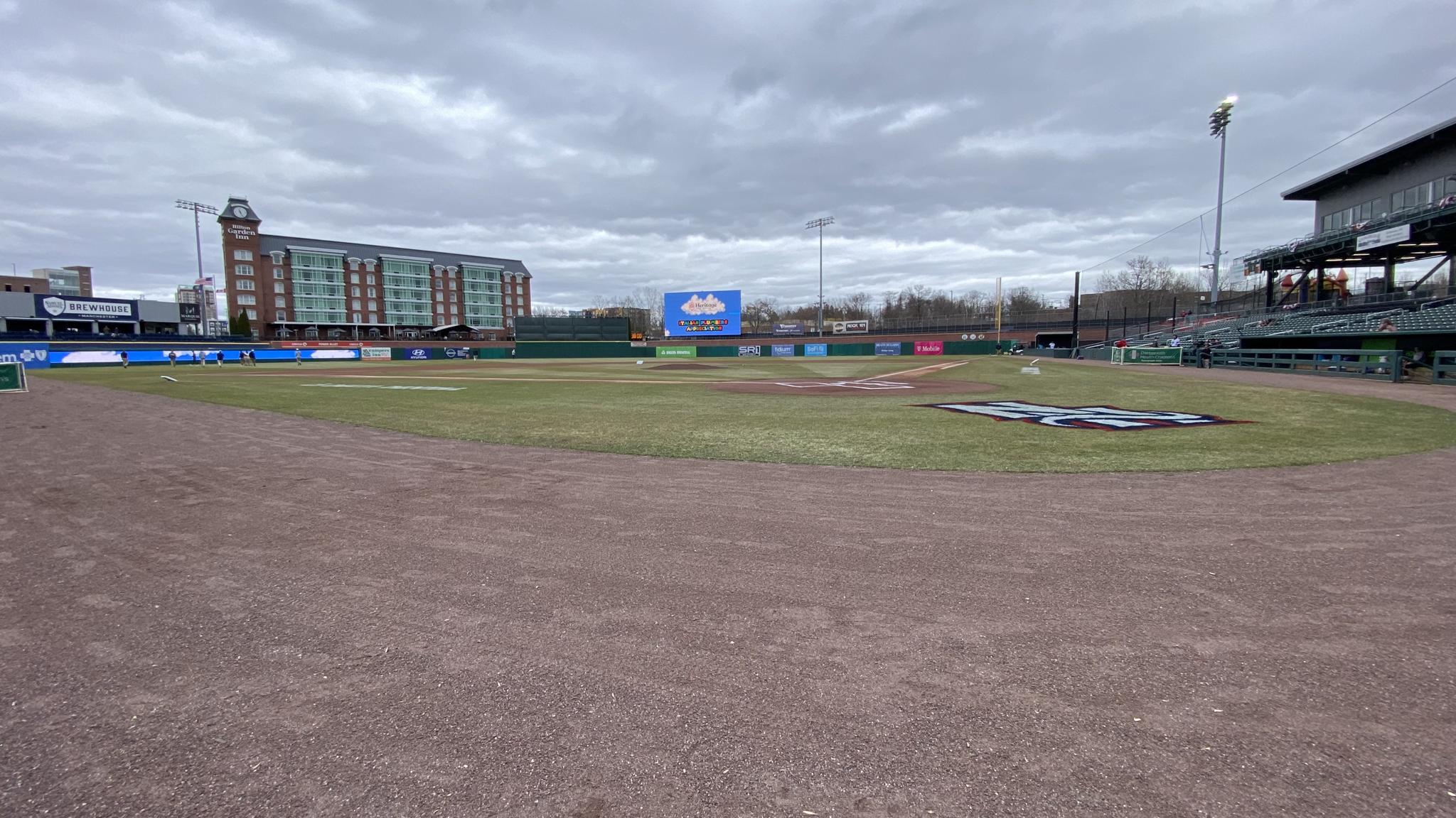 A photo of Delta Dental Stadium taken from the first row behind home plate