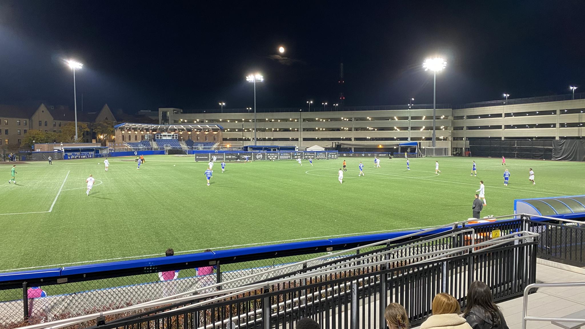 A view of Carroll Field from the soccer stands. The grandstand used for baseball games and the unvierstiy's parking deck can be seen