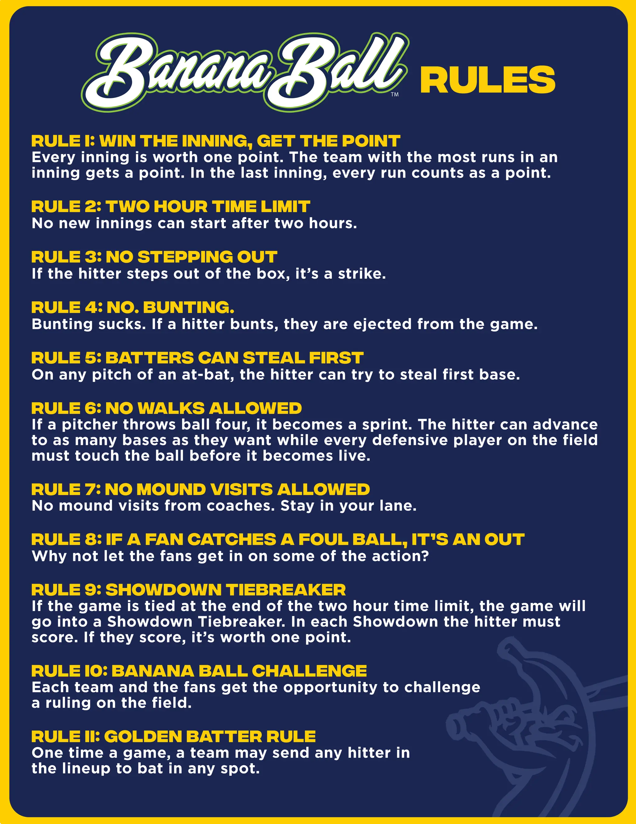 The rules of Banana Ball condensed into an image. They are too long to include as alt text.